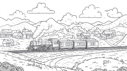 Fototapeta premium Steam train journey through countryside village