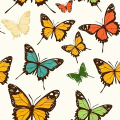 Naklejka premium Vibrant Butterfly Pattern, Seamless Design, for Fashion, Decor, and Creative Projects. A Colorful and Energetic Backdrop for Various Artistic Expressions.
