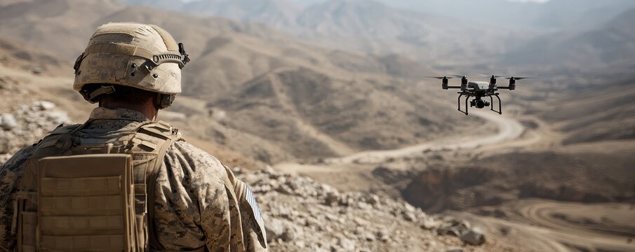 Soldier Observing Drone Over Mountainous Terrain in Military Operation Context