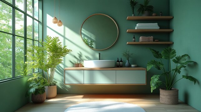 Dise&ntilde;o interior minimalista de un ba&ntilde;o elegante con un espejo redondo en blanco, un tocador flotante minimalista, paredes de color verde suave, estantes modernos, artefactos de iluminaci&oacute;n c&aacute;lidos