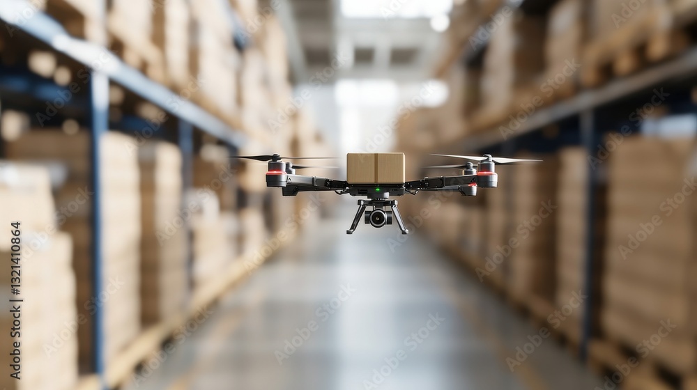Poster drone delivering package over stacks of boxes in modern warehouse environment with clear aisles
