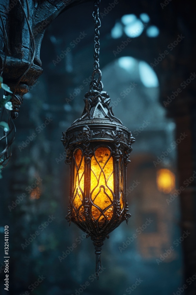 Poster a lantern hangs from the side of a building, possibly as part of architectural design or decoration