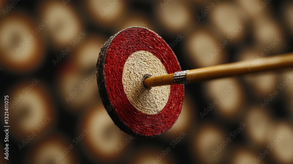 Poster precision archery arrow hitting bullseye target with blurred background of dartboard