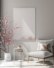 A cozy living room interior with a white armchair. a side table with books and a pink flowering branch in a white pot