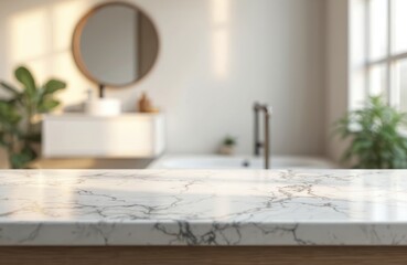 Marble table top in blurred bathroom interior background. Luxury surface texture for product presentation. Modern elegant design stone countertop in home. Stylish washroom decoration. Chic interior
