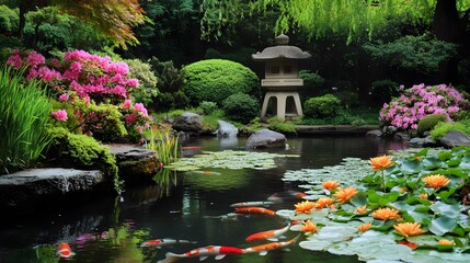 Fototapeta premium 17. **A peaceful Japanese garden with a koi pond and blooming flowers**