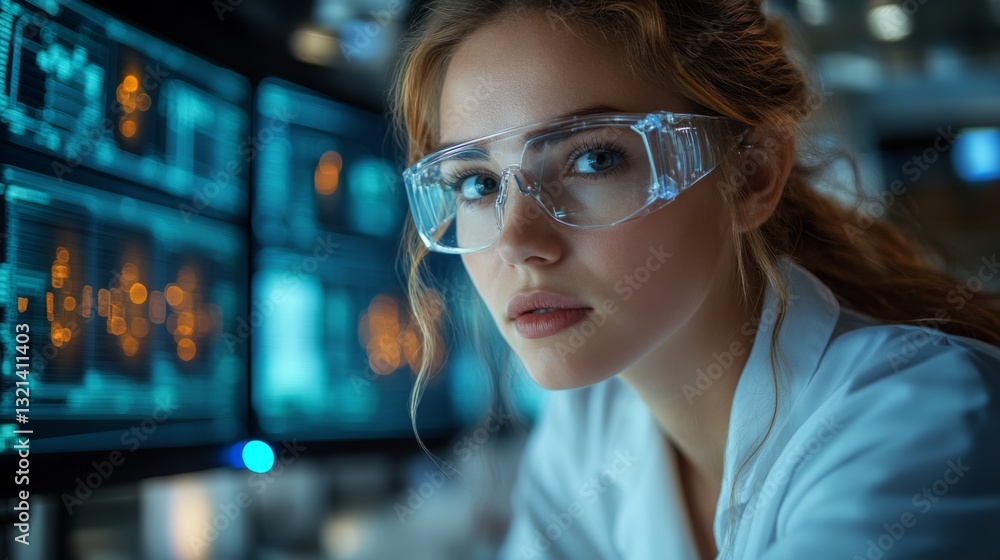 Poster Focused researcher examines data on quantum entanglement and superposition, utilizing cutting-edge technology in a modern laboratory setting to advance scientific understanding.