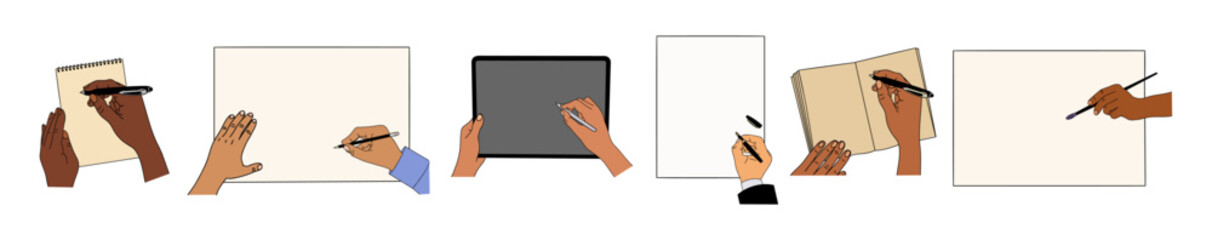 Set of Hands with writing, painting tools. Human hands with pen, pencil, highlighter, marker, brush, drawing on paper, notebook, digital tablet. Vector illustrations isolated
