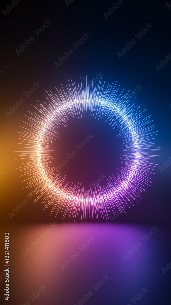 Poster neon light circle with radiating lines, creating a dynamic and vibrant energy effect, ideal for digi