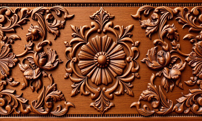 A highly detailed hand-carved wooden surface with intricate floral motifs deep engravings