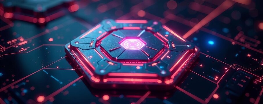 A futuristic metallic hexagon with glowing lights and digital interface, geometric, technology