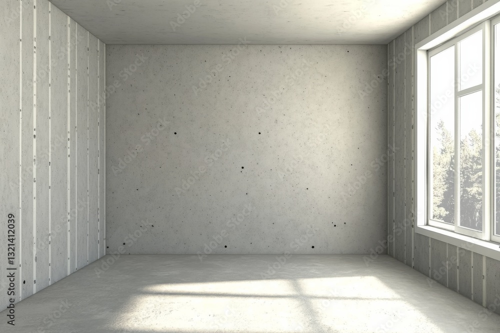 Aufkleber minimalistic empty room with large window and concrete walls in light grey color scheme