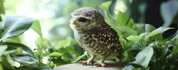 A small spotted owl sits amidst lush green foliage plants