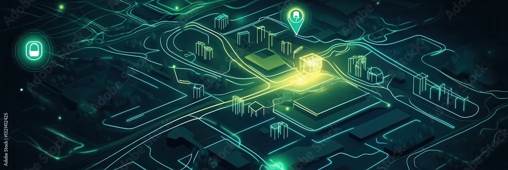 Aufkleber futuristic digital city map showcasing delivery routes and tracking icons with glowing path to home 