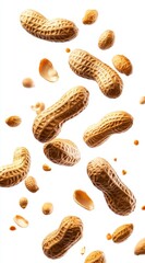Falling Peanuts on White Background Close Up of Brown Nuts and Shells