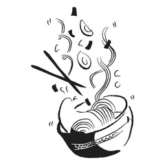 Savory Noodle Bowl: An inviting artistic illustration features an exquisite noodle bowl, with chopsticks and fresh ingredients. showcasing the delectable art of culinary and flavors