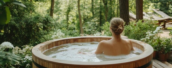 Relaxation in Nature: Young Woman Enjoying Peaceful Soak in Wooden Hot Tub Surrounded by Lush Greenery