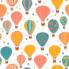 Seamless pattern with hot air balloons in bright colors: an illustration perfect for children's designs, wallpapers, fabrics, and joyful creative projects.