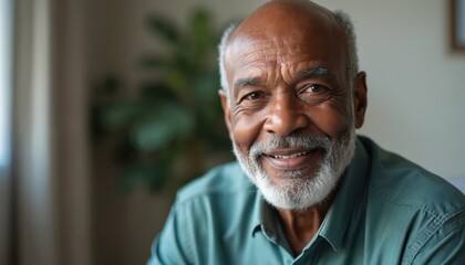 Obraz premium Indoor close up portrait of calm senior African man with grey beard smiling looking at camera. Old retired 60s businessman posing in office. Happy grandfather look at camera lens.
