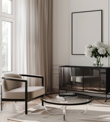 A modern living room interior with a comfortable armchair. a glass coffee table. a black cabinet. and a large framed picture