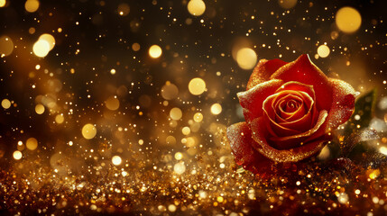 Romantic red rose with golden glitter and bokeh lights for Valentines, invitations or love themed concepts.