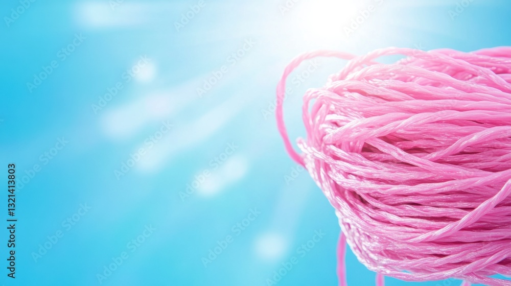 Poster close up of a pale pink cord or string against a bright blue and white bokeh background. the cord is