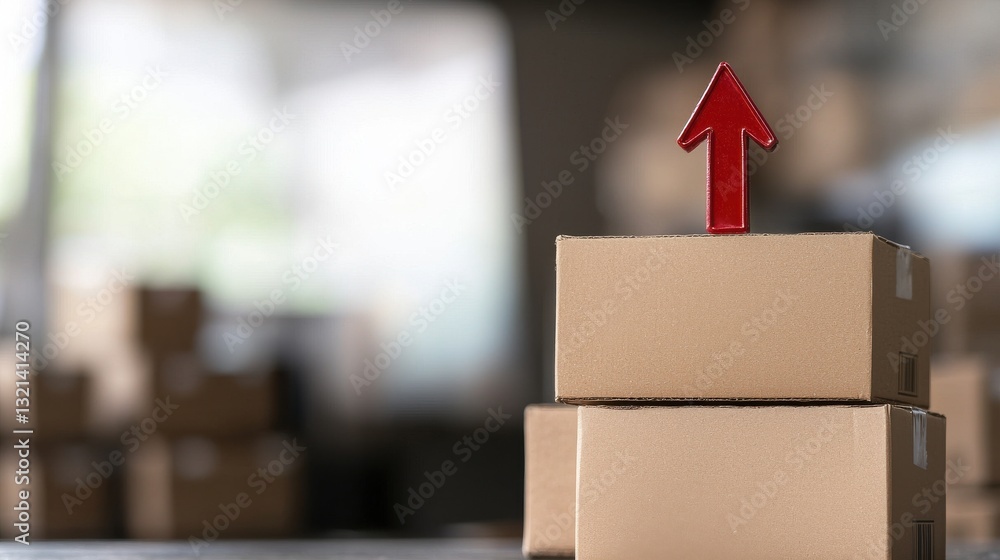 Poster red arrow sign on top of cardboard boxes in warehouse with soft focus background for shipping and de