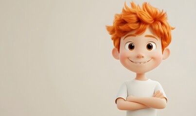 a cartoon illustration of a young boy with red hair smiling.