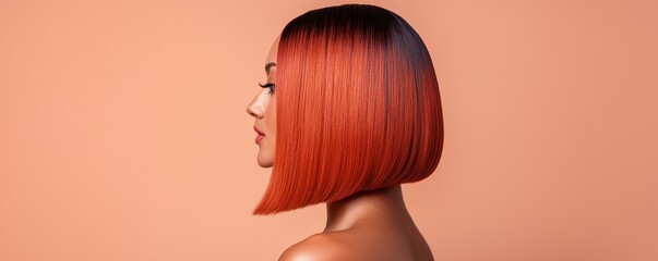 Fototapeta premium Stylish Woman with Vibrant Orange Hair on Soft Peach Background in Profile View