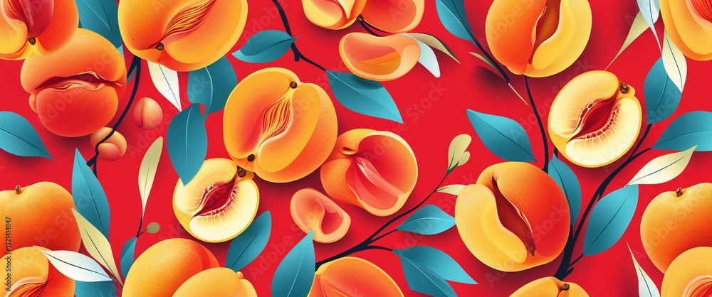 Poster apricot pattern on red plain background digital abstract art work illustration design