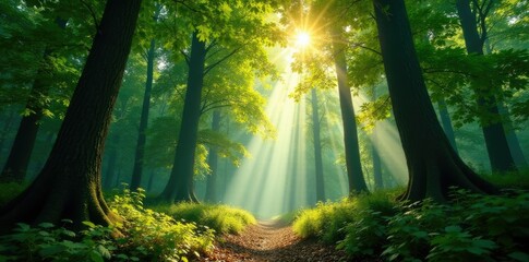 Forest canopy filters sunlight filtering through leaves, light, ambiance