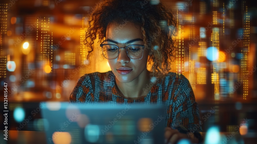 Aufkleber A person engages with a laptop while surrounded by visual representations of quantum computing concepts including qubits and encryption. The atmosphere is dynamic and tech-driven.