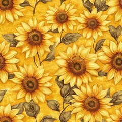 Seamless Pattern with Watercolor Sunflowers: Vintage Floral Design for Textile, Wallpaper, and Backgrounds - Warm Yellow Color Palette