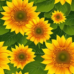 Fototapeta premium Seamless Sunflower Pattern with Vibrant Yellow Petals and Verdant Leaves for Textile and Background Design, Summer Aesthetic