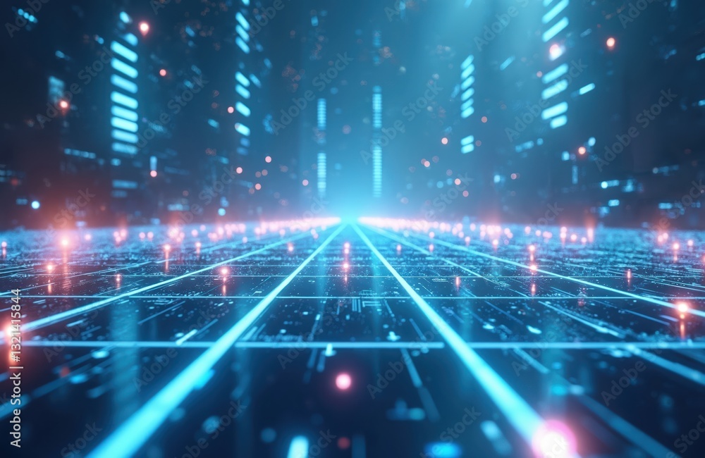 Leinwandbilder futuristic digital grid, glowing spheres create virtual reality space. neon light illuminates geomet