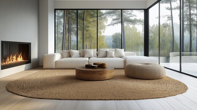 
Dise&ntilde;o interior minimalista de una sala de estar moderna. Mesa de centro r&uacute;stica cerca de un sof&aacute; de esquina blanco y puf beige frente a la chimenea