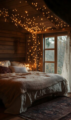 Inviting cabin bedroom with string lights, cozy setting for relaxation and tranquility