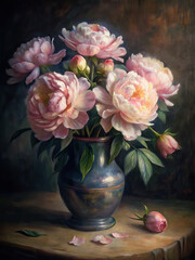 Fototapeta premium Ethereal watercolor painting showcases a delicate peony bouquet arranged in a rustic vase.