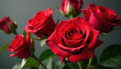 Fototapeta premium Freshly cut red roses with some stems and leaves, red roses, fresh cuts