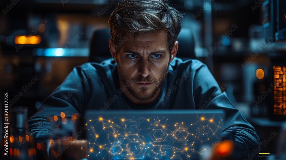 Fototapete A person is focused on a laptop displaying intricate patterns of quantum algorithms, highlighting concepts like qubits and entanglement in a dimly lit room filled with tech equipment.