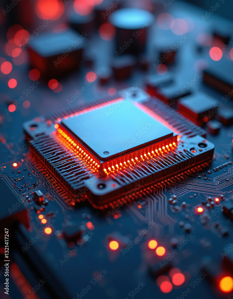 Aufkleber Illuminated CPU microchip on circuit board shows tech science background. Central computer processor unit concept. Digital motherboard abstract with integrated communication processor, blue color