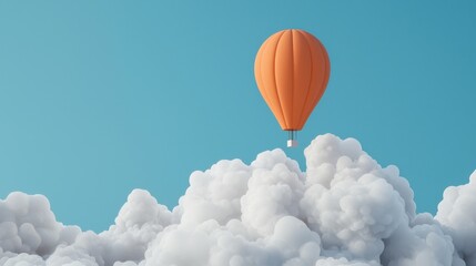 Fototapeta premium Vibrant Orange Hot Air Balloon Floating Above Soft White Clouds Against Clear Blue Sky Background