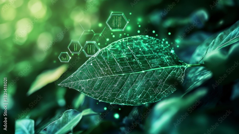 Aufkleber glowing green leaf with digital particles and bokeh background