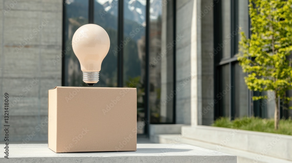 Poster creative concept of innovation with a light bulb hovering above a simple brown box in a modern outdo