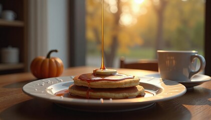 american pancakes under maple syrup and berries. steaming coffe in broun mug on background.