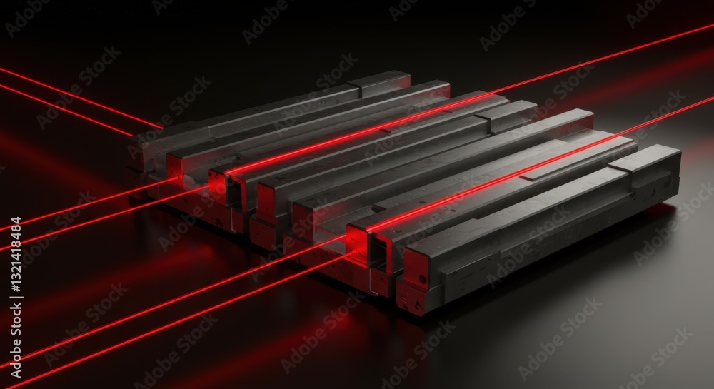 Poster abstract 3d render of geometric metal structure illuminated by red laser beams futuristic technology