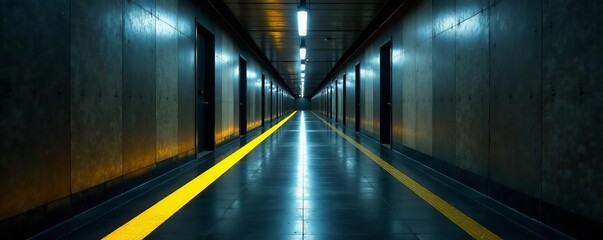 - Dimly lit corridor with highlighted yellow lines on floor, empty, atmospheric