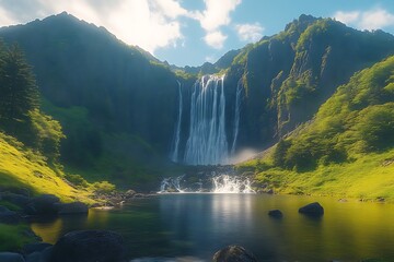 Majestic Waterfall Cascading Into Clear Lake Surrounded by Lush Green Mountains