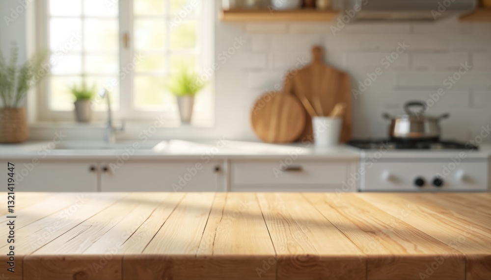 Poster rustic wooden table top with blurred kitchen interior. counter background for food display, culinary
