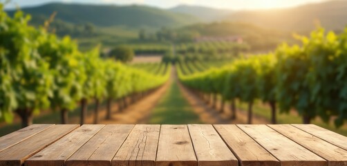Empty wooden table top against blurred vineyard backdrop. Ideal for wine products. Natural wooden desk surface with countryside grape field, bokeh sky. Promote eco food, winery business.